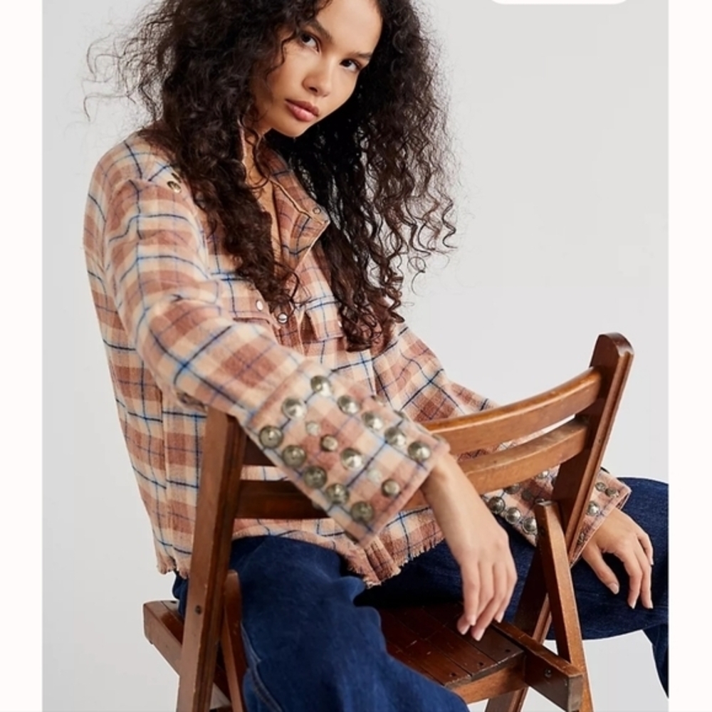 We The Free People Austin Plaid Embellished Studded Flannel Shirt Shacket